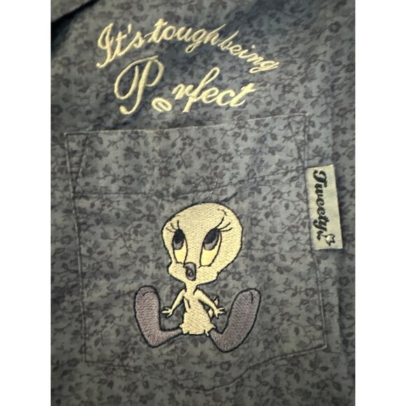 Vintage Looney Tunes Tweety Bird Womens Floral Embroidered Denim Shirt L Button - Picture 2 of 6